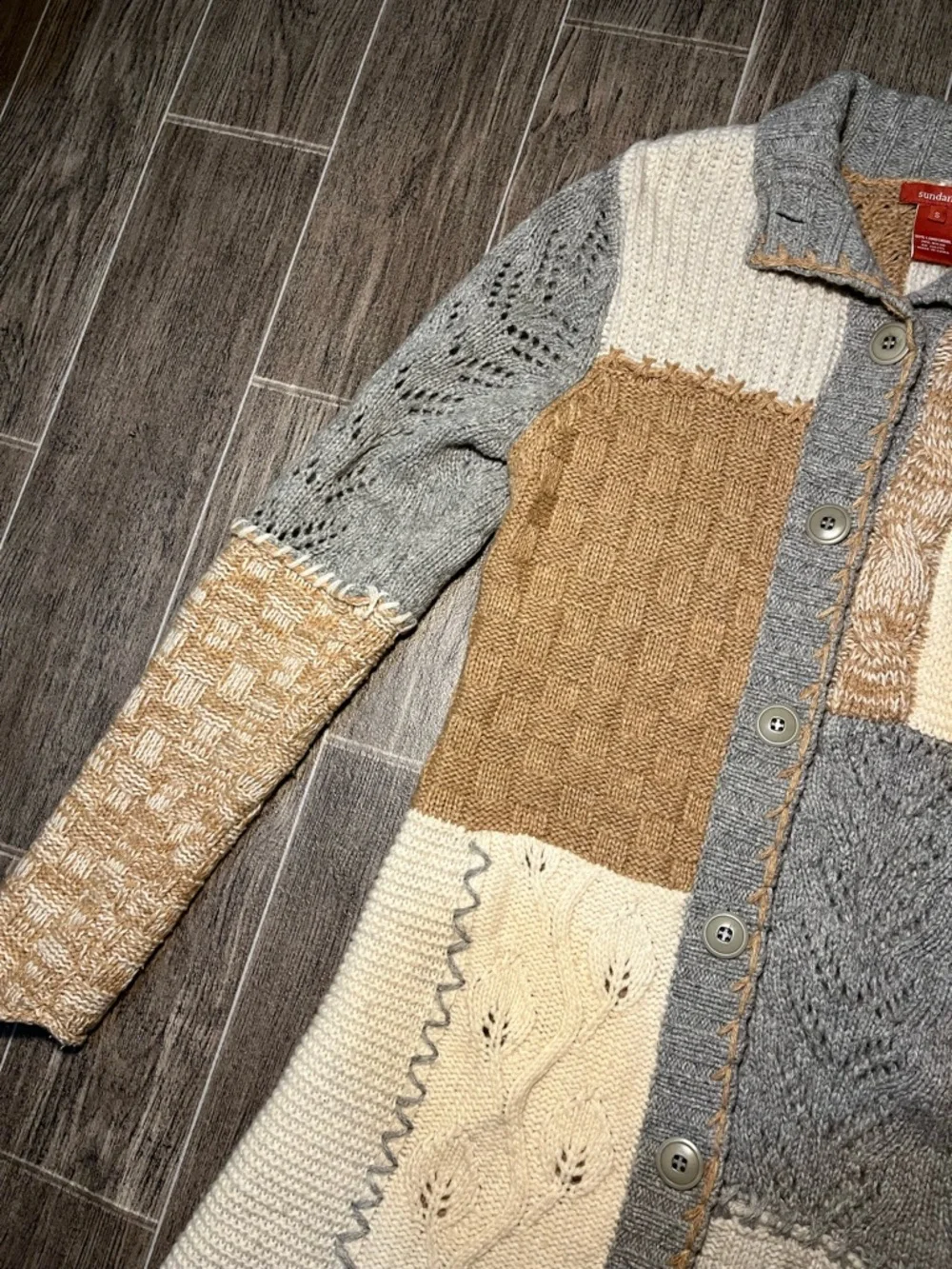Sundance Patchwork Knit Duster Sweater Gray Tan Cream Lambswool Womens Small - Picture 4 of 8